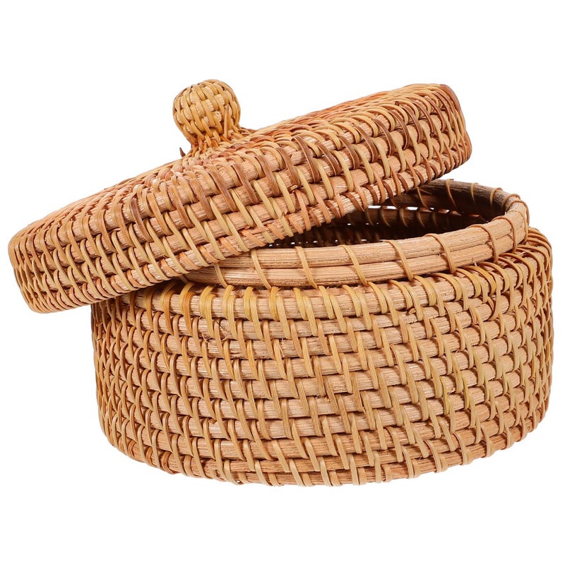 ULTNICE Round Rattan Storage Box with Lid - Hand Woven Rattan Basket for Desktop or Decorative Use - Image 1