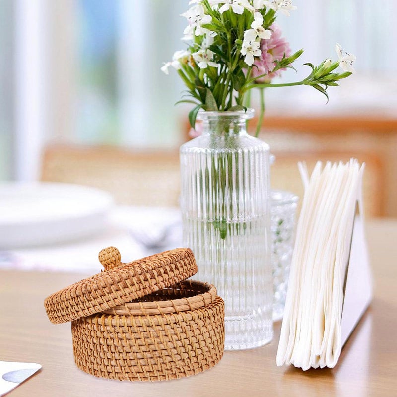 ULTNICE Round Rattan Storage Box with Lid - Hand Woven Rattan Basket for Desktop or Decorative Use - Image 2