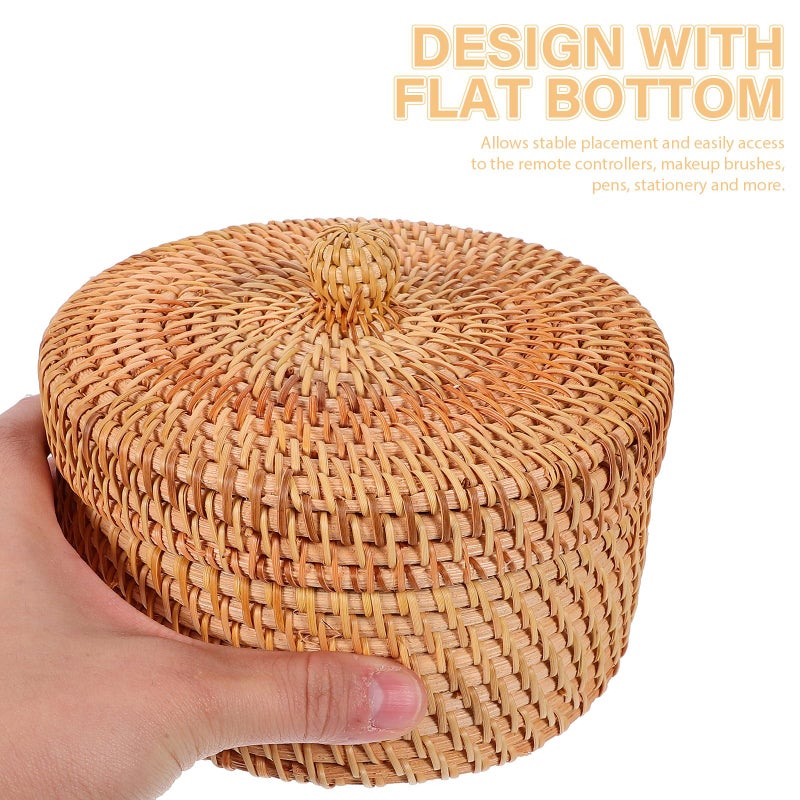 ULTNICE Round Rattan Storage Box with Lid - Hand Woven Rattan Basket for Desktop or Decorative Use - Image 5