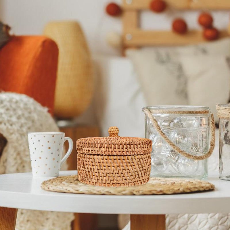 ULTNICE Round Rattan Storage Box with Lid - Hand Woven Rattan Basket for Desktop or Decorative Use - Image 3