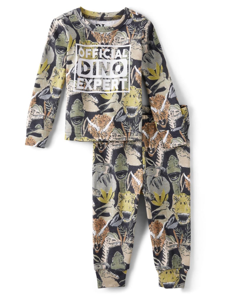 The Children's Place Baby Boys' Dino Heads Long Sleeve Top and Pants Snug Fit 100% Cotton 2 Piece Pajama Set, Dino Heads, 18-24 months - Image 1