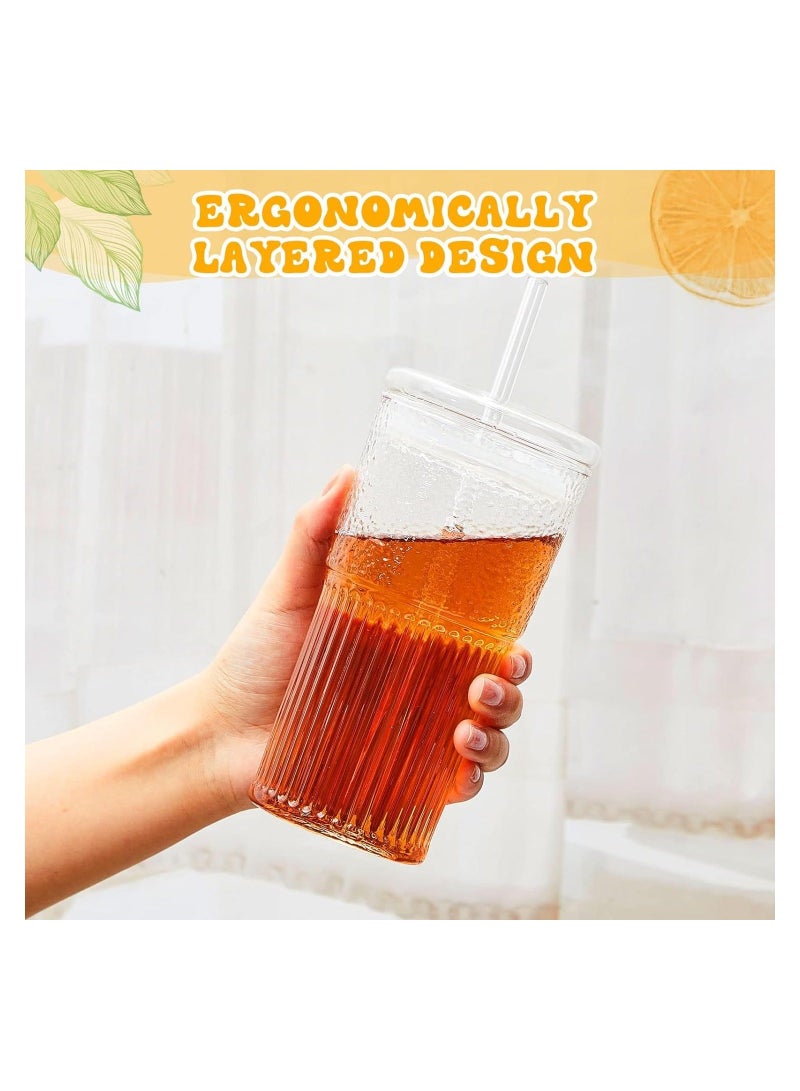 2 Pcs Clear Glass Cups with Lids and Straws, Ribbed Iced Coffee Cup Fluted Glass Tumbler with Straw and Lid Ridged Vintage Glassware for Home Office Drinking Water Tea Milk  - Image 2