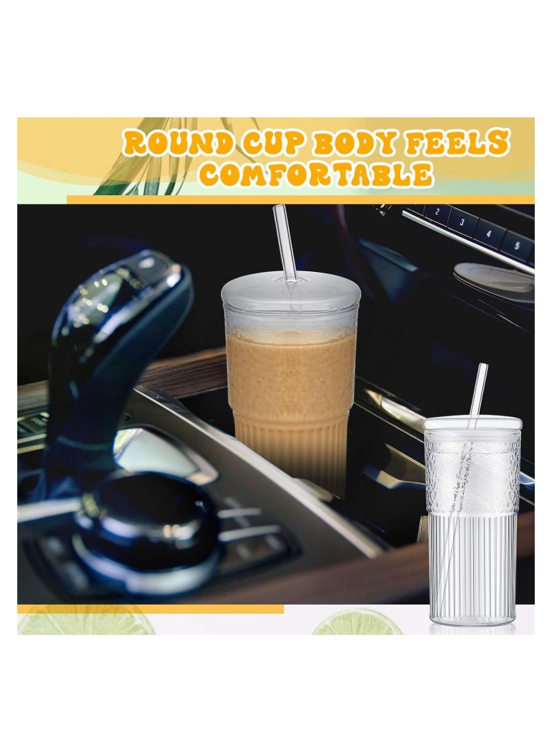2 Pcs Clear Glass Cups with Lids and Straws, Ribbed Iced Coffee Cup Fluted Glass Tumbler with Straw and Lid Ridged Vintage Glassware for Home Office Drinking Water Tea Milk  - Image 3