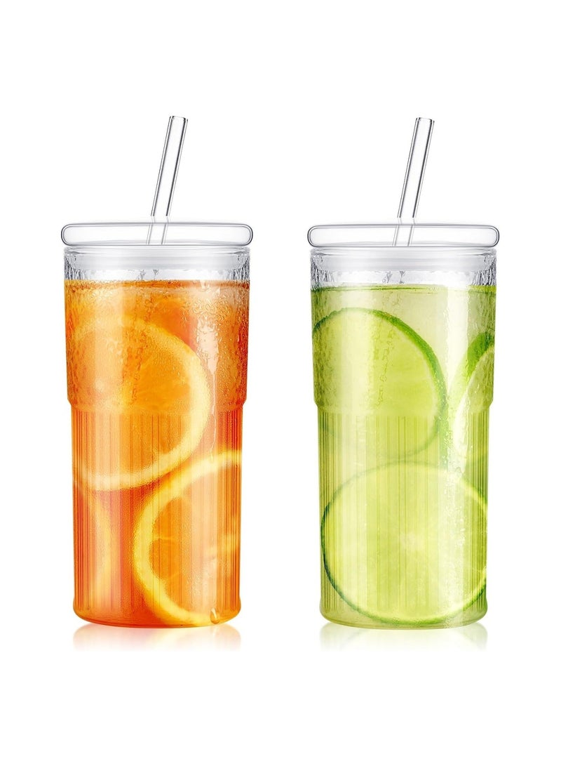 2 Pcs Clear Glass Cups with Lids and Straws, Ribbed Iced Coffee Cup Fluted Glass Tumbler with Straw and Lid Ridged Vintage Glassware for Home Office Drinking Water Tea Milk  - Image 1
