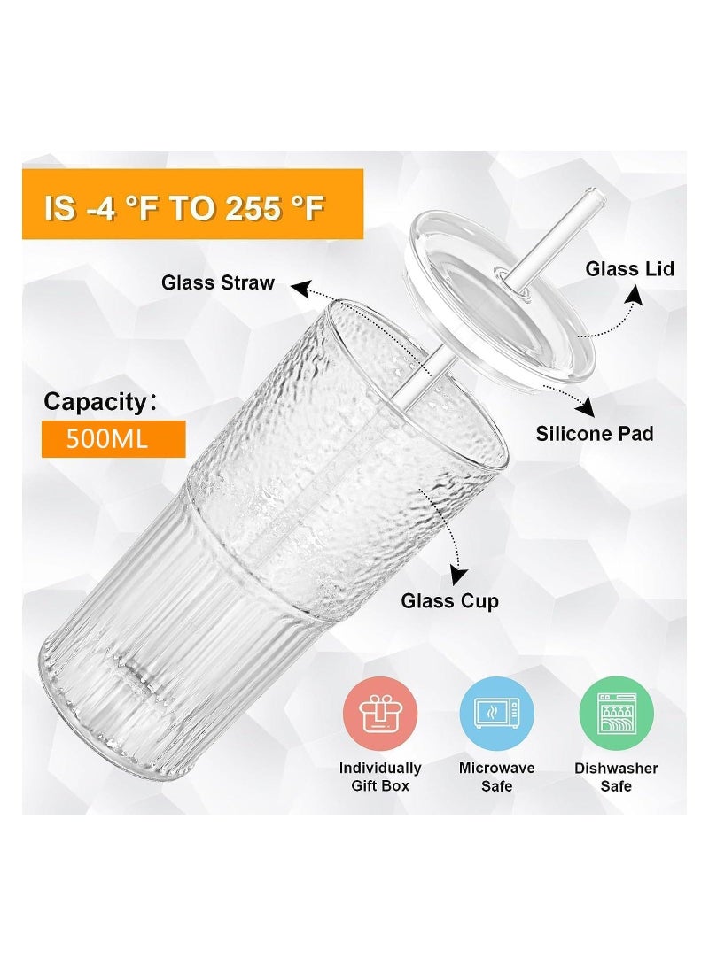 2 Pcs Clear Glass Cups with Lids and Straws, Ribbed Iced Coffee Cup Fluted Glass Tumbler with Straw and Lid Ridged Vintage Glassware for Home Office Drinking Water Tea Milk  - Image 5