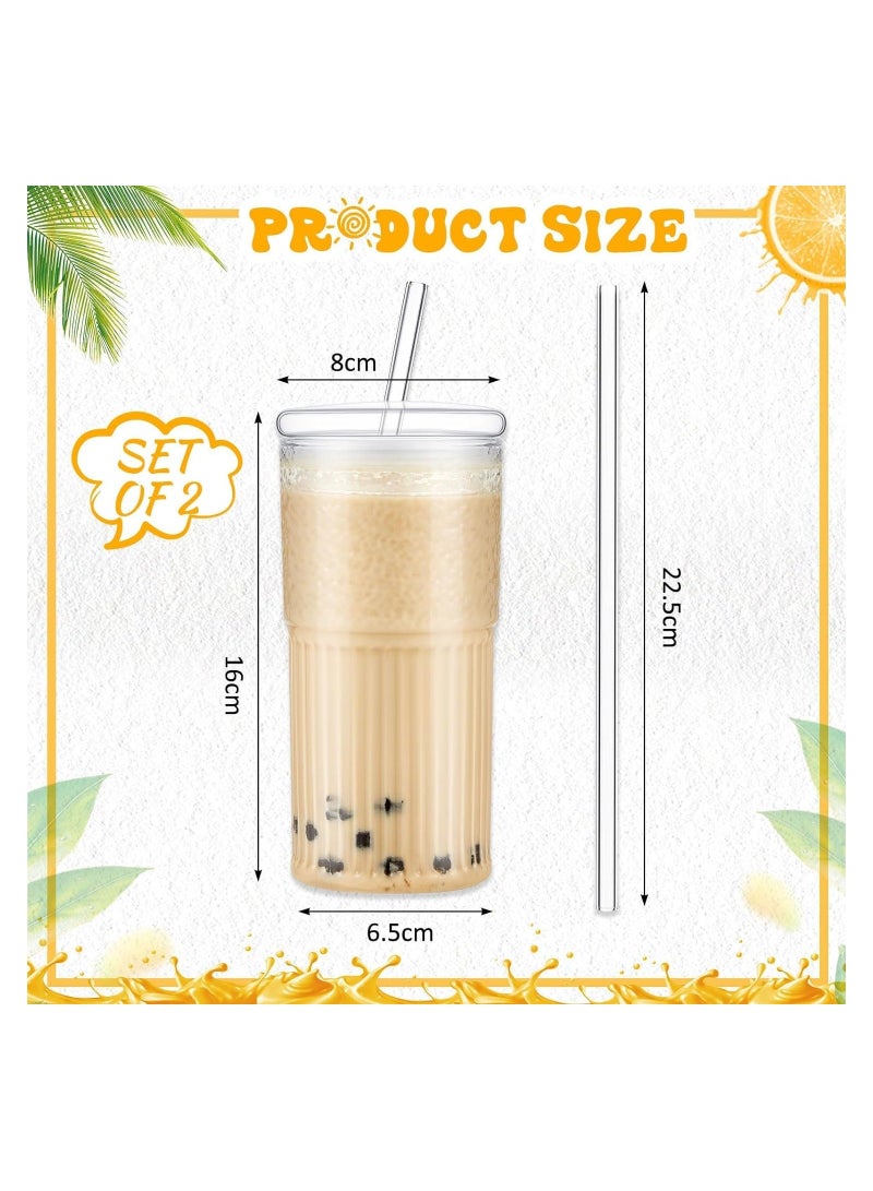 2 Pcs Clear Glass Cups with Lids and Straws, Ribbed Iced Coffee Cup Fluted Glass Tumbler with Straw and Lid Ridged Vintage Glassware for Home Office Drinking Water Tea Milk  - Image 4