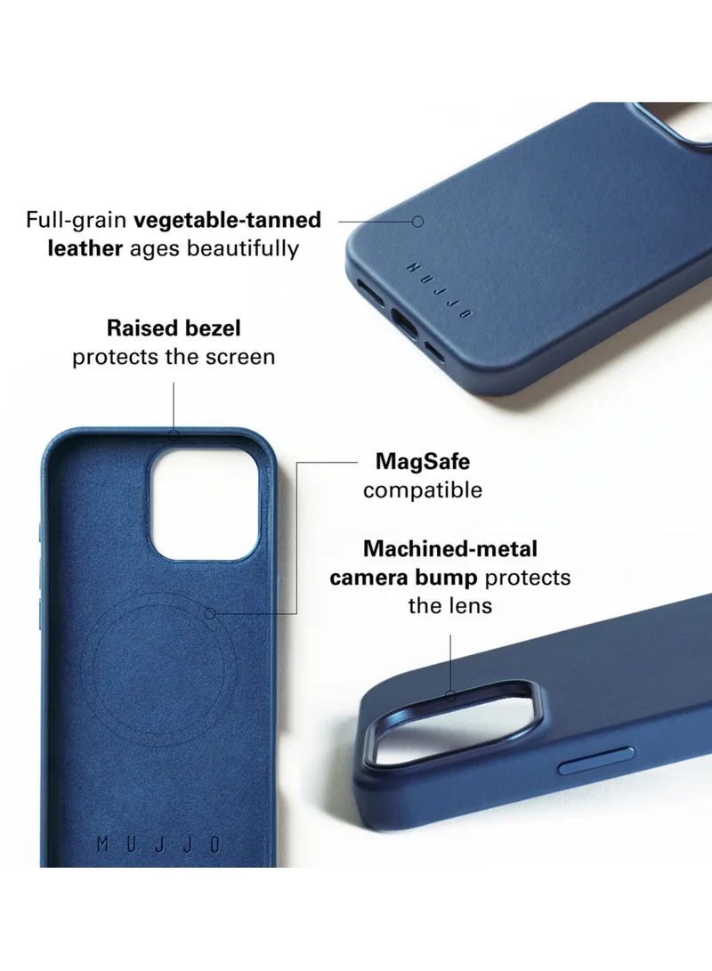 Mujjo iPhone 16 Pro with the Full Leather Case in Monaco Blue with MagSafe. Crafted from premium leather, this luxurious case combines elegance and durability, providing a sleek, sophisticated look while offering superior protection.