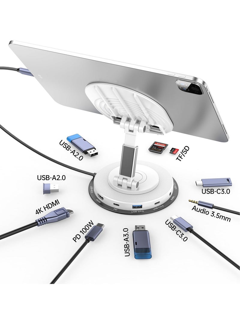 XiuWoo Universal Docking Station for iPad Pro Mini Air Galaxy Tab, Adjustable 10-in-1 USB C Hub Stand, 360°Rotatable 11 inch 4K HDMI 3.0 PD 100W 3.5mm Audio SD/TF Card Reader White - Image 2