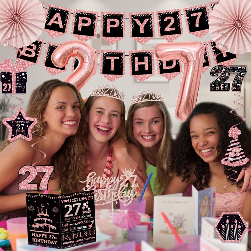 Juesly 27th Birthday Decorations for Women, 32PCS 27th Birthday Party Decorations, Including Backdrop, Crown, Sash, banner, Hanging Swirl, balloons, Cake Topper, Paper Fans and Anniversary Card - Image 4