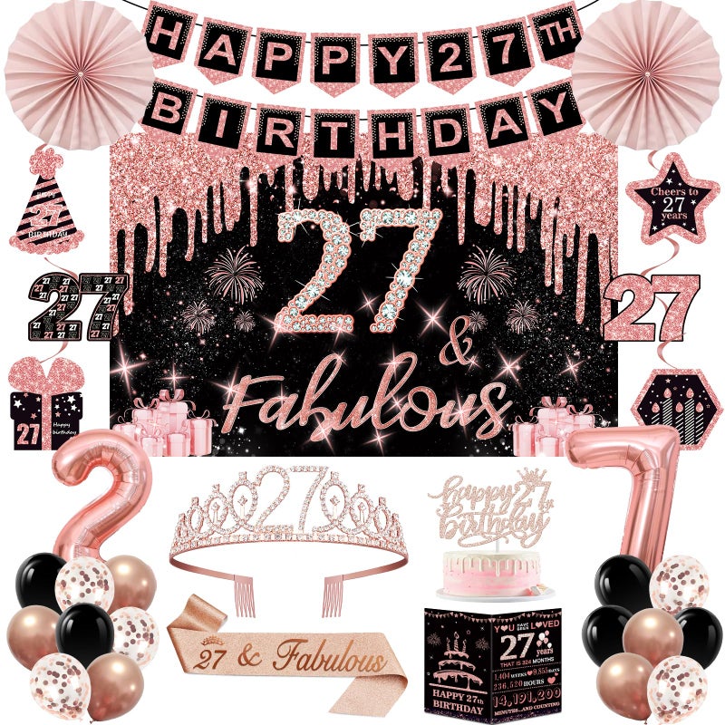 Juesly 27th Birthday Decorations for Women, 32PCS 27th Birthday Party Decorations, Including Backdrop, Crown, Sash, banner, Hanging Swirl, balloons, Cake Topper, Paper Fans and Anniversary Card - Image 1