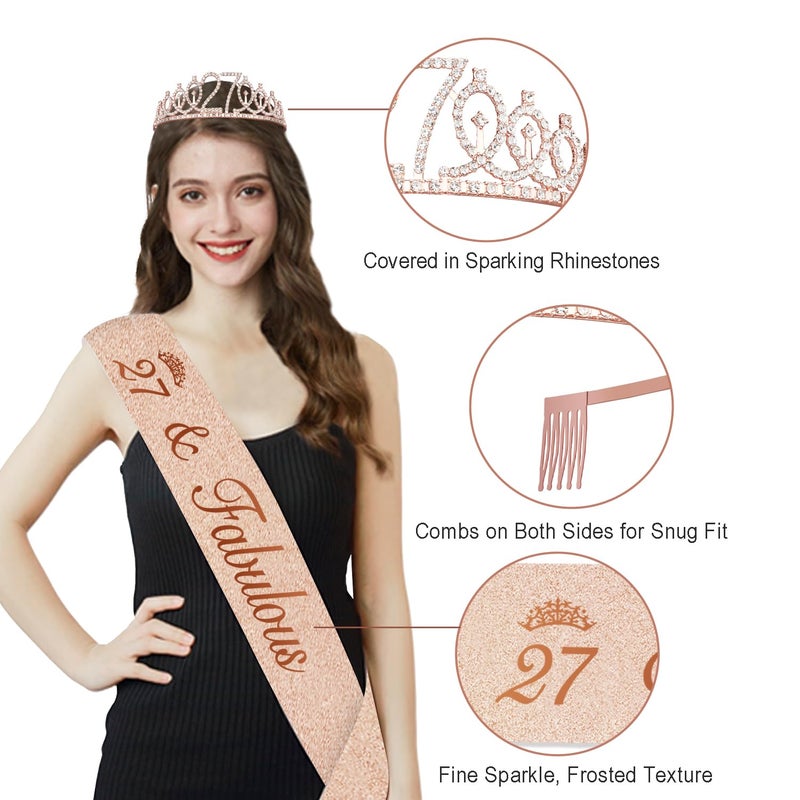 Juesly 27th Birthday Decorations for Women, 32PCS 27th Birthday Party Decorations, Including Backdrop, Crown, Sash, banner, Hanging Swirl, balloons, Cake Topper, Paper Fans and Anniversary Card - Image 2