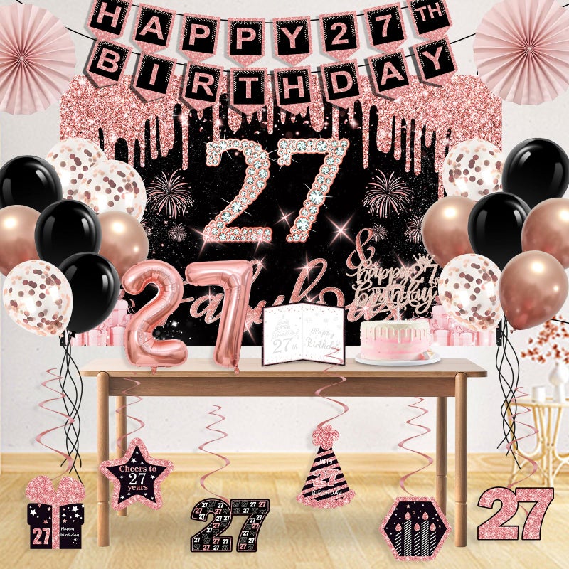 Juesly 27th Birthday Decorations for Women, 32PCS 27th Birthday Party Decorations, Including Backdrop, Crown, Sash, banner, Hanging Swirl, balloons, Cake Topper, Paper Fans and Anniversary Card - Image 3