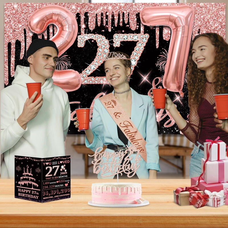 Juesly 27th Birthday Decorations for Women, 32PCS 27th Birthday Party Decorations, Including Backdrop, Crown, Sash, banner, Hanging Swirl, balloons, Cake Topper, Paper Fans and Anniversary Card - Image 5