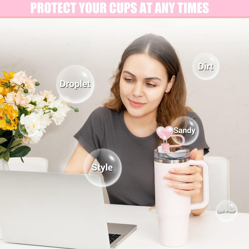 Cussom Shiny Straw Toppers, 4 Pieces Bling Heart Stanley Cup Accessories Cute Straw Cover Tips for Stanley 30&40 Oz Tumbler with Handle, Dust-Proof Reusable Straw Lids(Pink and White) - Image 4