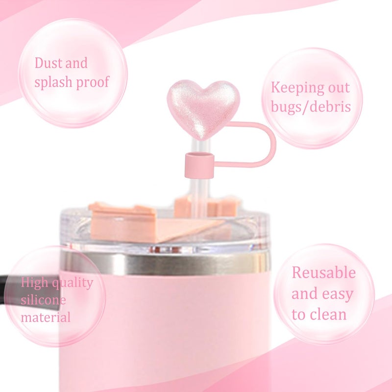 Cussom Shiny Straw Toppers, 4 Pieces Bling Heart Stanley Cup Accessories Cute Straw Cover Tips for Stanley 30&40 Oz Tumbler with Handle, Dust-Proof Reusable Straw Lids(Pink and White) - Image 2