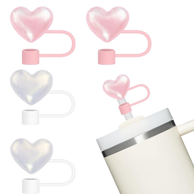Cussom Shiny Straw Toppers, 4 Pieces Bling Heart Stanley Cup Accessories Cute Straw Cover Tips for Stanley 30&40 Oz Tumbler with Handle, Dust-Proof Reusable Straw Lids(Pink and White) - Image 1