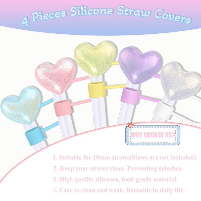 Cussom Shiny Straw Toppers, 4 Pieces Bling Heart Stanley Cup Accessories Cute Straw Cover Tips for Stanley 30&40 Oz Tumbler with Handle, Dust-Proof Reusable Straw Lids(Pink and White) - Image 3