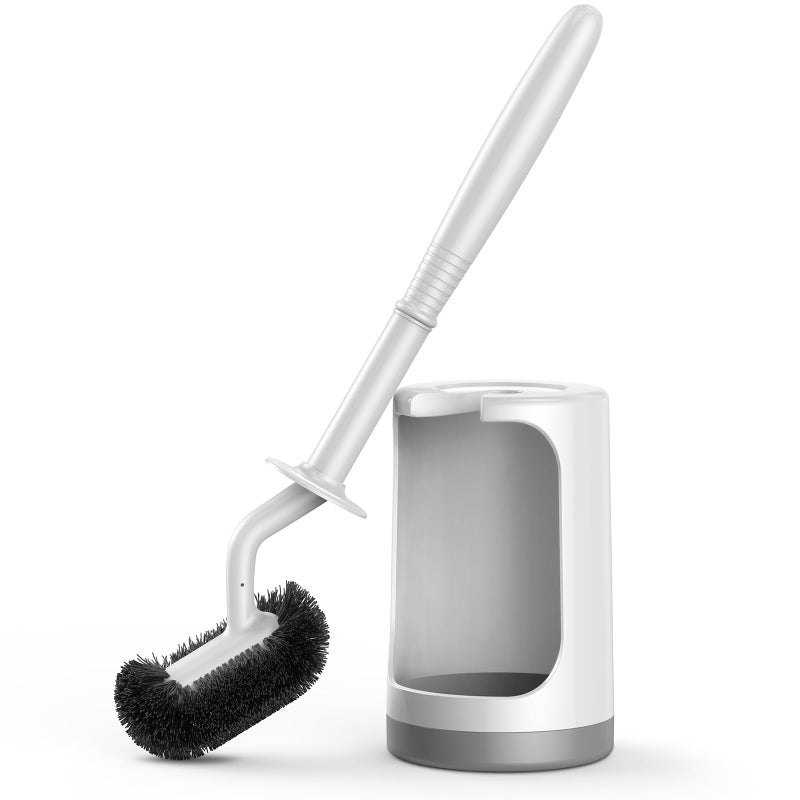 HAMITOR Toilet Bowl Brush Holder Set: Curved Design with Holder for Deep Cleaning Under Rim - Compact Hidden Scrubber for Small Space - Modern RV Bathroom Accessories - White 1 Pack - Image 1
