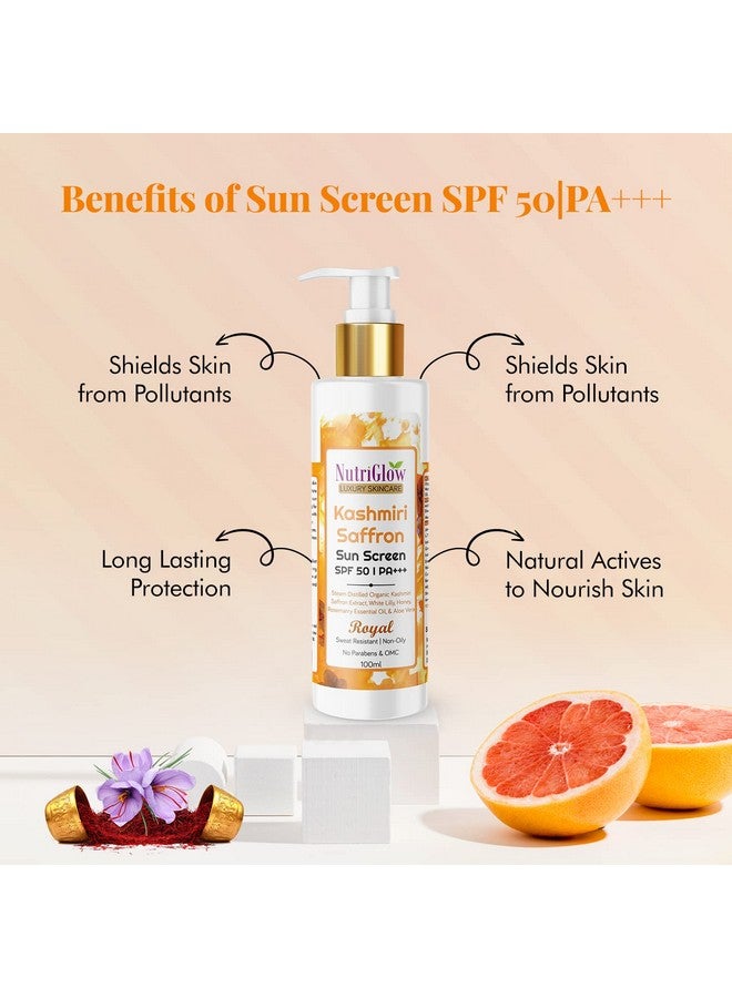 NUTRIGLOW Kashmiri Saffron Sunscreen Spf50 Pa+++ With Aloe Vera Extract Sweat Resistant & Nonsticky Uv A & Uv B Blue Light Protection For Men & Women Suitable For Oily Dry Sensitive & Combination Skin (100 Ml) - Image 2