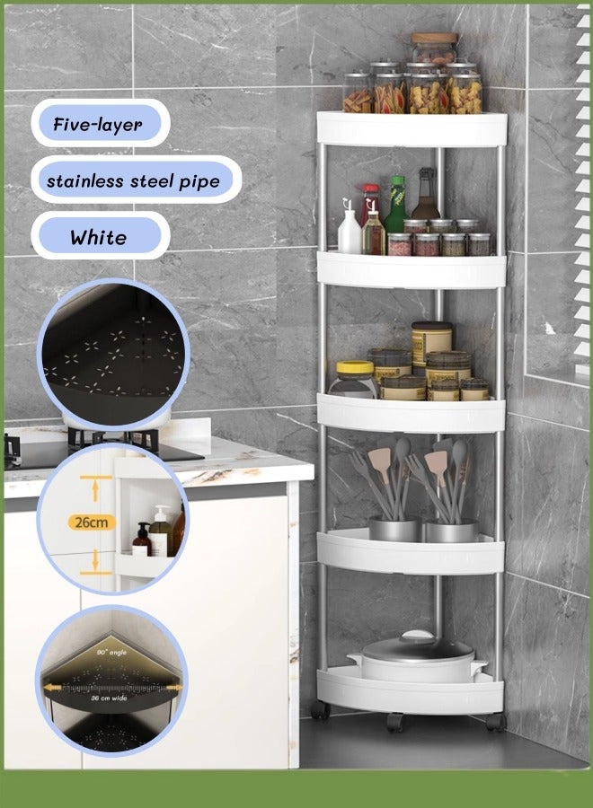 Stainless steel five-layer storage rack,multifunctional storage and organization cart,Basket Storage Organizer Trolley with Wheels, Bathroom Mobile Shelving Organizer,Triangle Corner Shelf Rack Rolling Trolley for Bathing, Office, Kitchen, Bedroom (White)  - Image 1