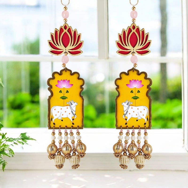 Shubhanjali Shubhanjali Wooden Cow Lotus Hanging for Christmas Decoration Items 1 Pair 35 Cm Cow Hanging for New Year Decor Cradle Ceremony, Pooja Room, Mandir Decoration, House Warming  - Image 2