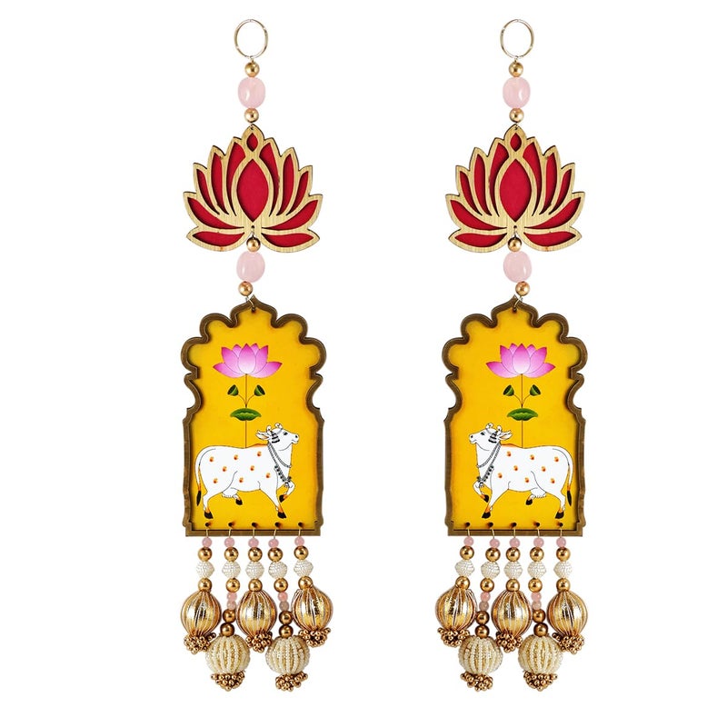Shubhanjali Shubhanjali Wooden Cow Lotus Hanging for Christmas Decoration Items 1 Pair 35 Cm Cow Hanging for New Year Decor Cradle Ceremony, Pooja Room, Mandir Decoration, House Warming  - Image 1