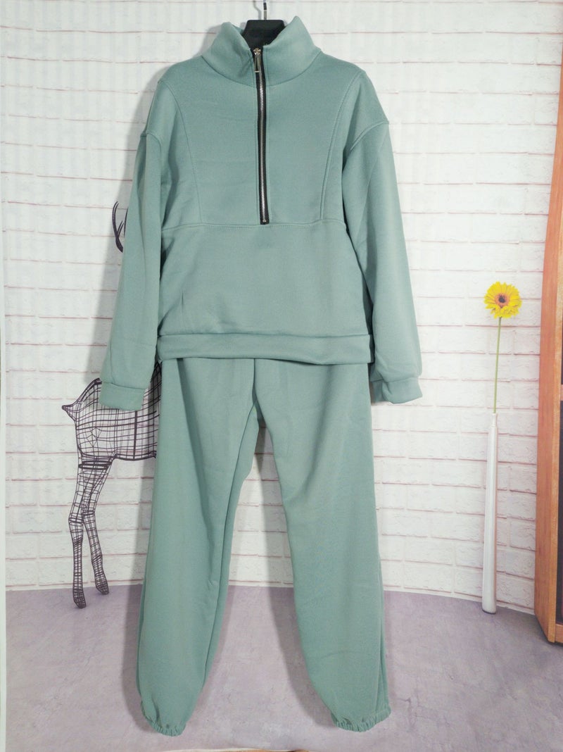 2023 autumn and winter European and American womens clothing Amazon two-piece sweater Fleece Sports street fashion casual suit Grass Green