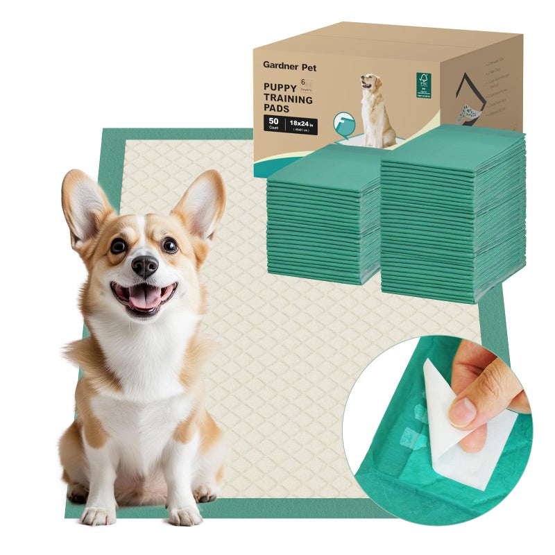 Gardner Pet Puppy Pee Pads Large 18x24 50 Count Dog Pee Pads with Adhesive Sticky Tape Max Absorbency Leak Prevention Disposable Training Bed Pad for Doggie Cats Rabbits CrateCage