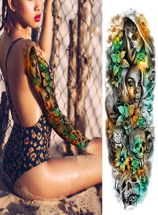 ورقة واحدة من ملصقات الوشم المؤقت للذراع بالكامل، وشم كبير مقاوم للماء، ملصقات وشم كبيرة على شكل زهرة الفاوانيا والورد للرجال والنساء - Image 2