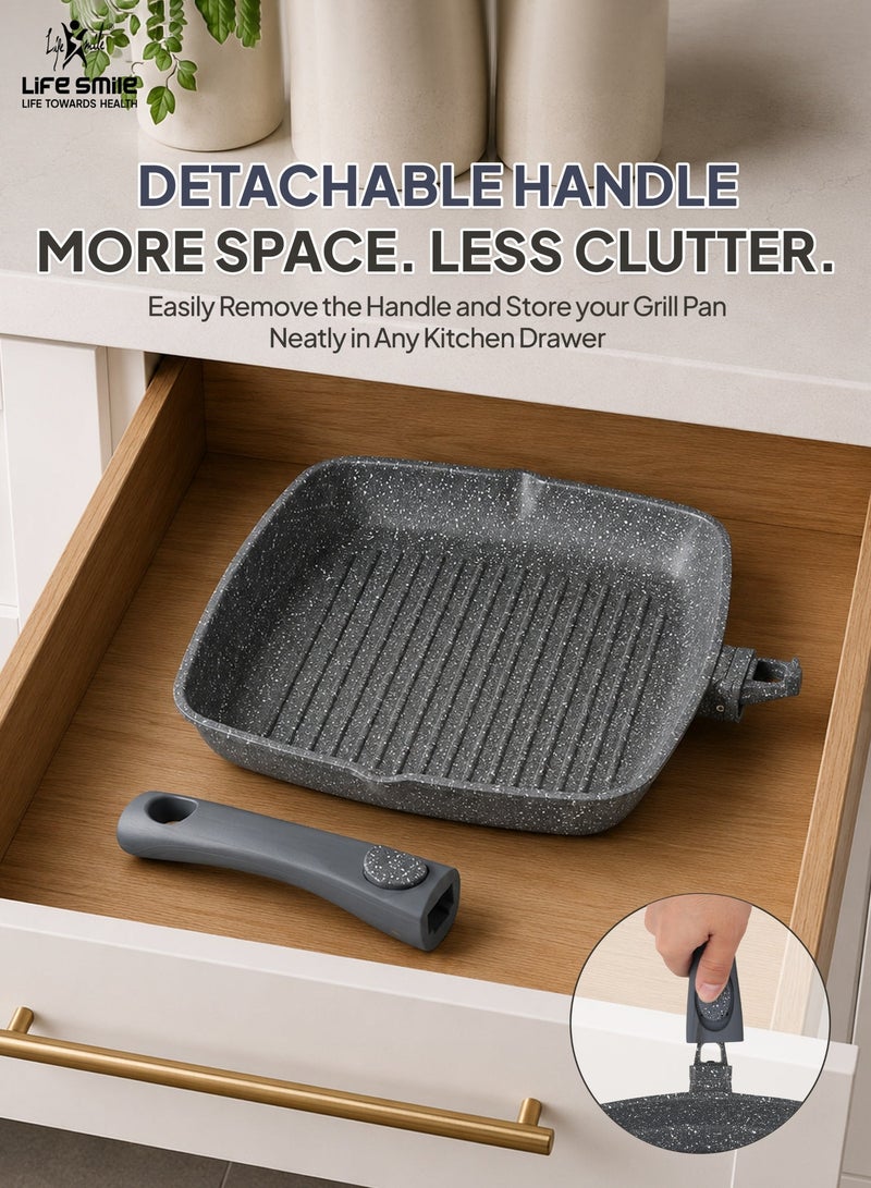 Life Smile 24cm Granite Non-Stick Square Grill Pan with Glass Lid (1.5L) | Detachable Handle | Induction Compatible | PFOA-Free | Multi-Layer Granite Coating | Beige - Image 5