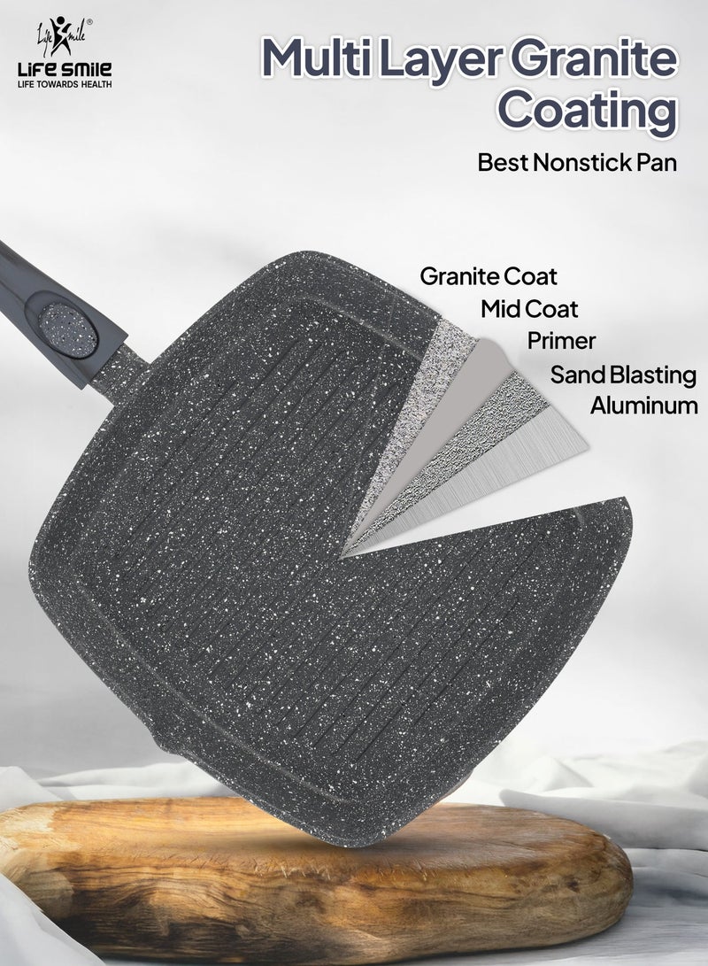 Life Smile 24cm Granite Non-Stick Square Grill Pan with Glass Lid (1.5L) | Detachable Handle | Induction Compatible | PFOA-Free | Multi-Layer Granite Coating | Beige - Image 4
