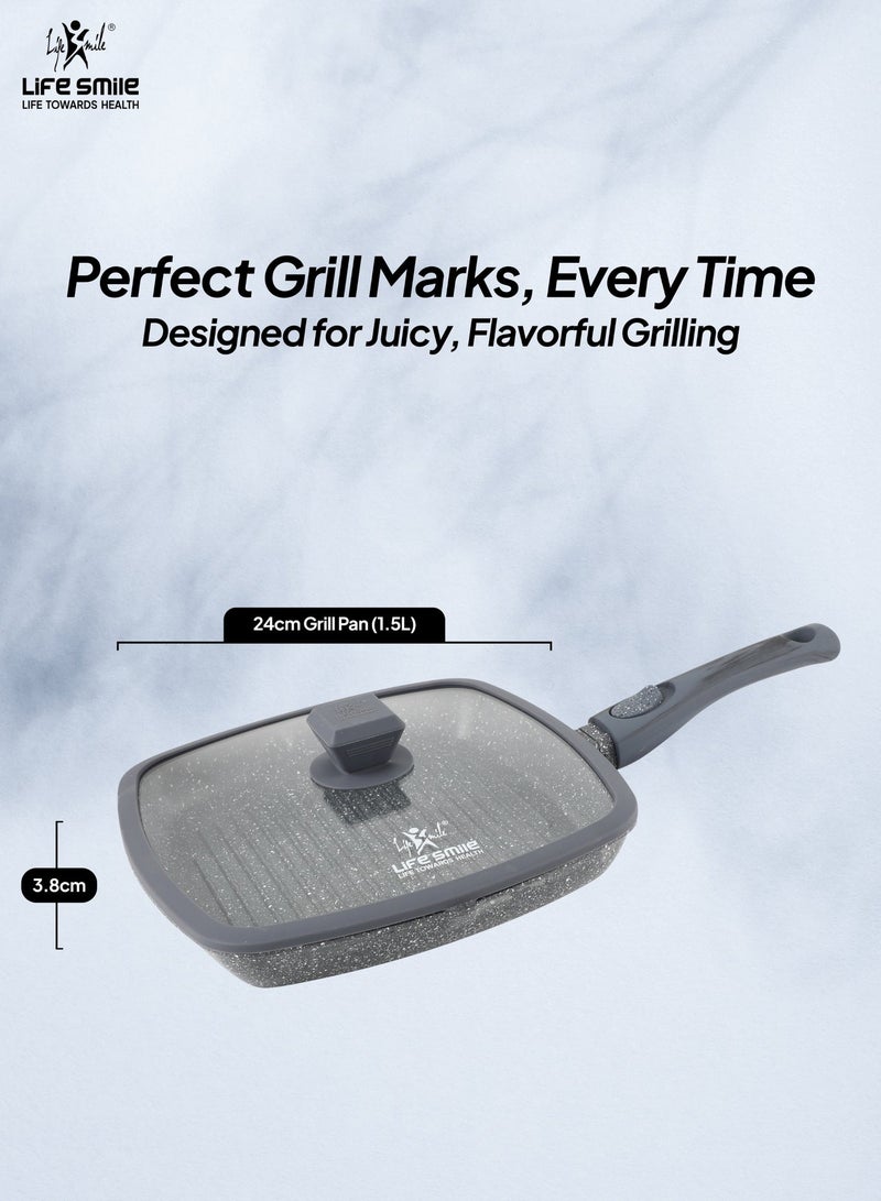 Life Smile 24cm Granite Non-Stick Square Grill Pan with Glass Lid (1.5L) | Detachable Handle | Induction Compatible | PFOA-Free | Multi-Layer Granite Coating | Beige - Image 3