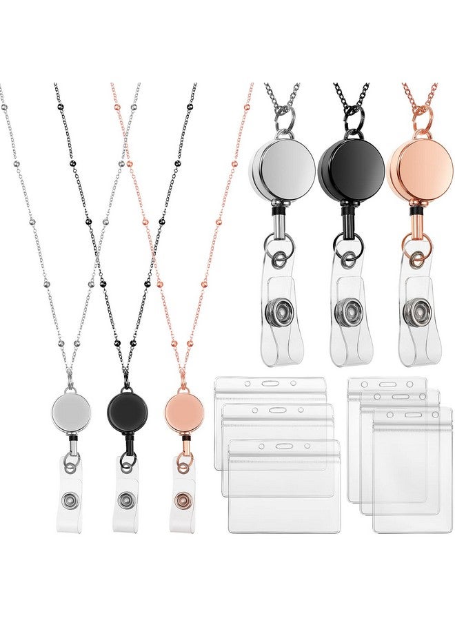 Zonon Retractable Badge Reel Lanyard with ID Holder, 3 Pieces Beaded Badge Lanyard Necklace with 6 Waterproof Name Card Holder Stainless Steel ID Holder Necklace for Women Men (Rose Gold, Black, Silver)  - Image 1