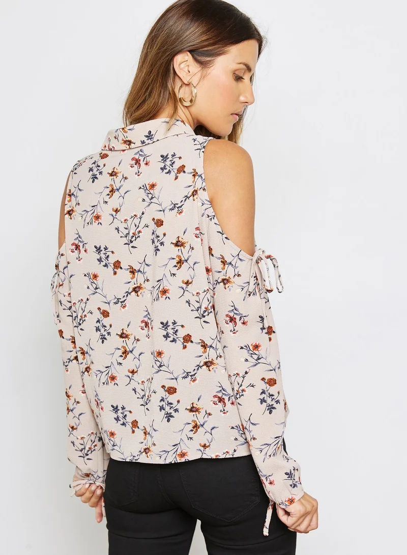 TIMING Floral Print Cold Shoulder Top