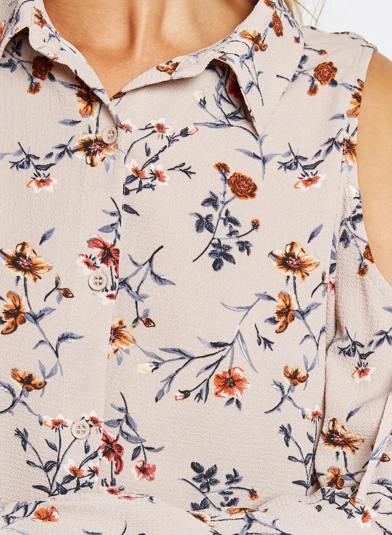 TIMING Floral Print Cold Shoulder Top