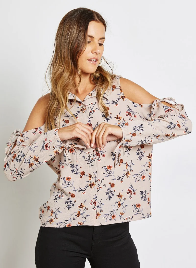 TIMING Floral Print Cold Shoulder Top