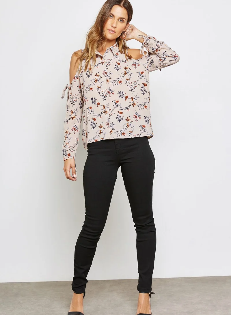 TIMING Floral Print Cold Shoulder Top