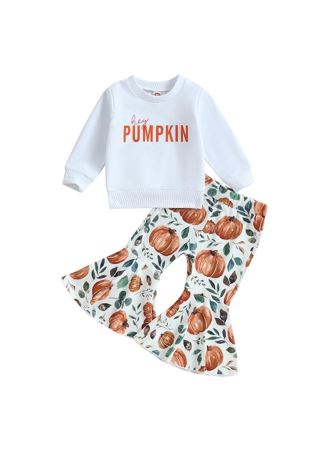 Toddler Baby Girl Halloween Outfit Pumpkin Long Sleeve Sweatshirt Tops Leopard Flared Pants Halloween Clothes Set