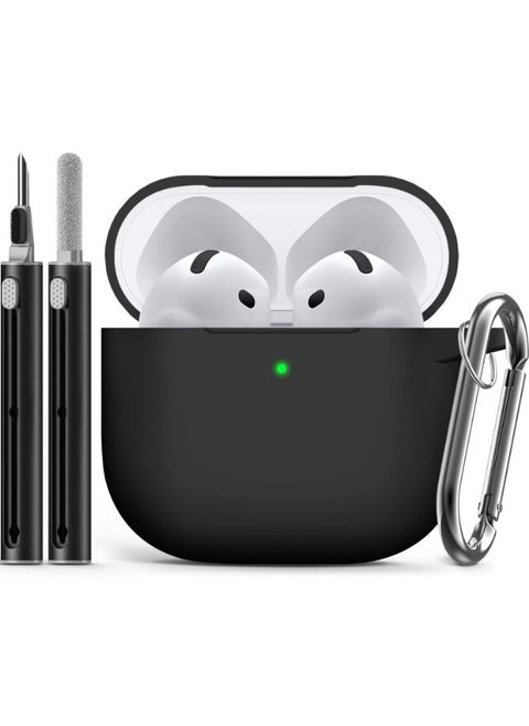 غطاء واقي من السيليكون الناعم لسماعات AirPods 4 مع سلسلة مفاتيح ومجموعة أدوات التنظيف