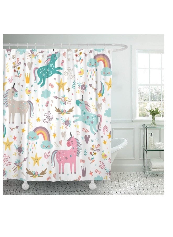 Generic Kids Unicorn Shower Curtain - 72x72 Inch Blue and Pink Animal Pattern - Durable, Waterproof Polyester Fabric with Hooks for Children's Bathroom  - Image 1