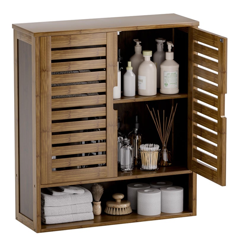 SMIBUY Bathroom Cabinet Wall Mounted, Bamboo Over-The-Toilet Storage Organizer, Space Saver Medicine Cabinet with 2 Door and Adjustable Shelves (Walnut) - Image 1