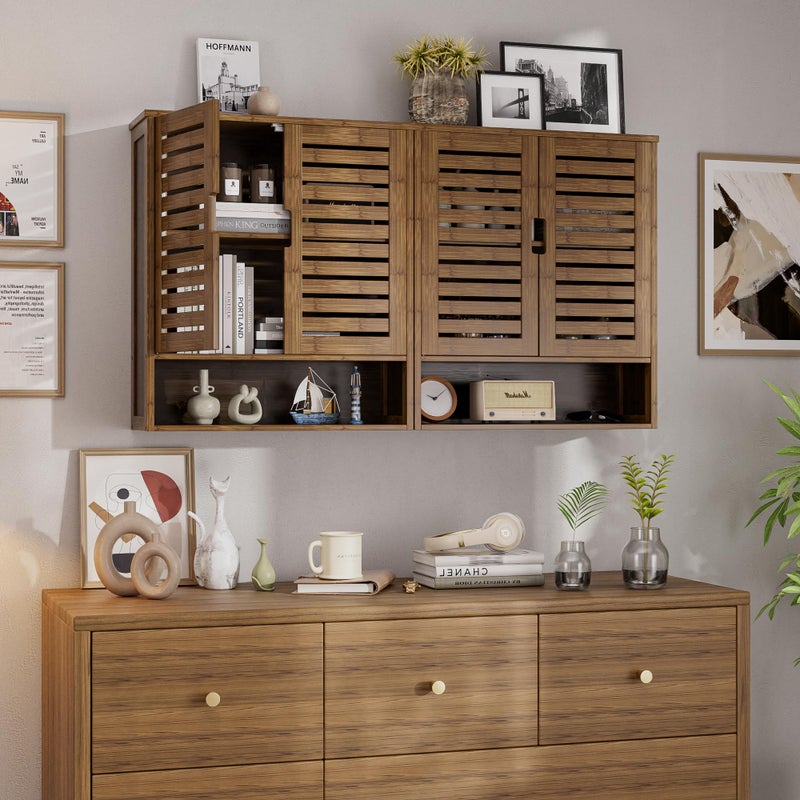 SMIBUY Bathroom Cabinet Wall Mounted, Bamboo Over-The-Toilet Storage Organizer, Space Saver Medicine Cabinet with 2 Door and Adjustable Shelves (Walnut) - Image 3