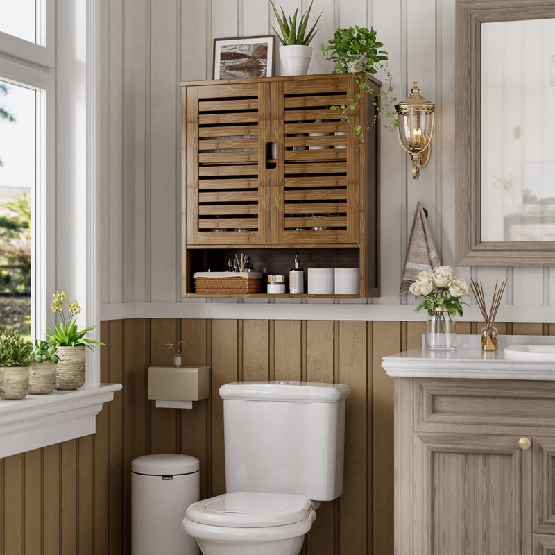 SMIBUY Bathroom Cabinet Wall Mounted, Bamboo Over-The-Toilet Storage Organizer, Space Saver Medicine Cabinet with 2 Door and Adjustable Shelves (Walnut) - Image 2