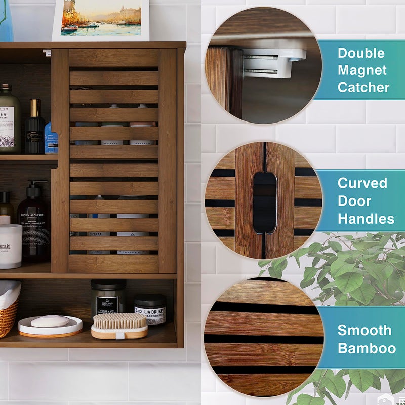 SMIBUY Bathroom Cabinet Wall Mounted, Bamboo Over-The-Toilet Storage Organizer, Space Saver Medicine Cabinet with 2 Door and Adjustable Shelves (Walnut) - Image 5