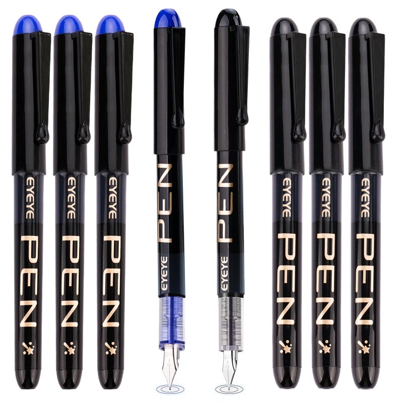 EYEYE Disposable Fountain Pens Fine Point, 4 Black 4 Blue Fountain Pens for Writing, Stainless Steel Nib, Smooth Writing for Journaling, Drafting, Sketching, Doodling & Office Supplies - Image 1