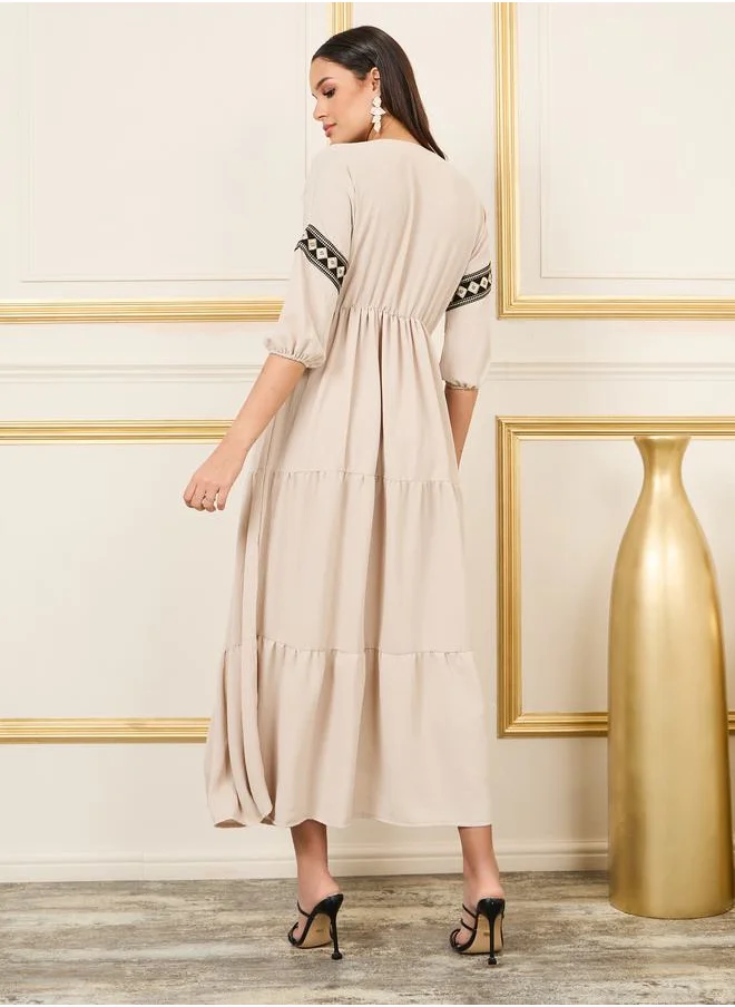 ستايلي Embroidered 3/4 Sleeves Tiered Maxi Dress