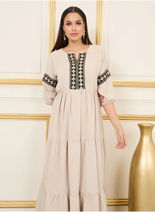 ستايلي Embroidered 3/4 Sleeves Tiered Maxi Dress