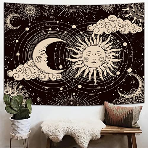 Wonrizon Sun and Moon Tapestry, Aesthetic Black Dark Spiritual Tapestries Mystic Burning Sun with Clouds Star Wall Hanging decor for Bedroom (51.2" x 59.1") - Image 2