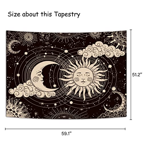 Wonrizon Sun and Moon Tapestry, Aesthetic Black Dark Spiritual Tapestries Mystic Burning Sun with Clouds Star Wall Hanging decor for Bedroom (51.2" x 59.1") - Image 3