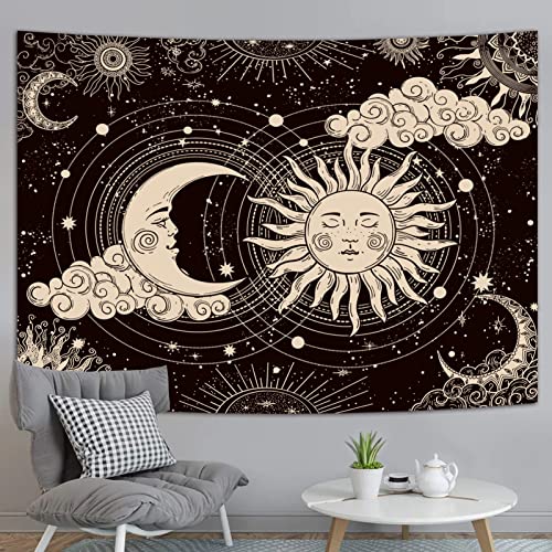 Wonrizon Sun and Moon Tapestry, Aesthetic Black Dark Spiritual Tapestries Mystic Burning Sun with Clouds Star Wall Hanging decor for Bedroom (51.2" x 59.1") - Image 5